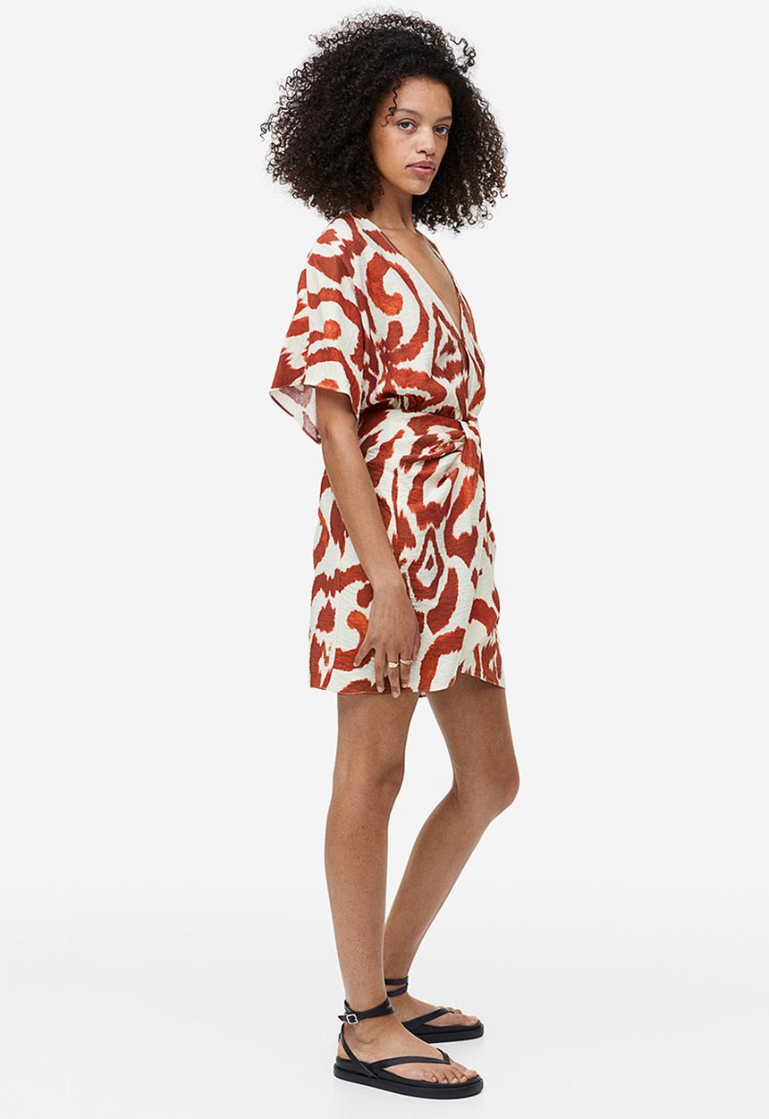 H&M - V-neck dress - cream brown patterned