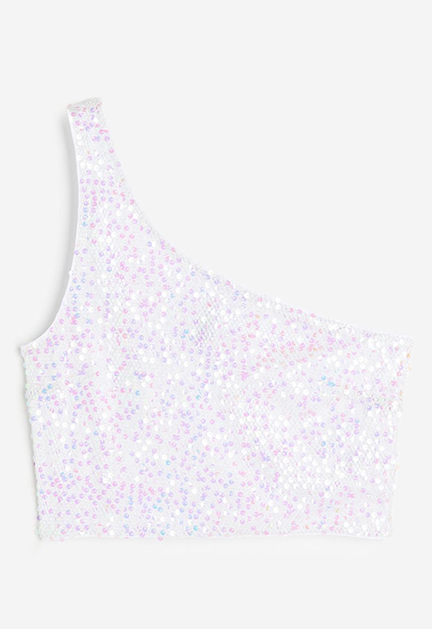 H&M - Sequined one-shoulder net top - white