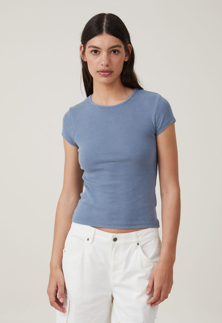 Cotton On - The One Organic Rib Crew Short Sleeve Tee-Washed Elemental Blue