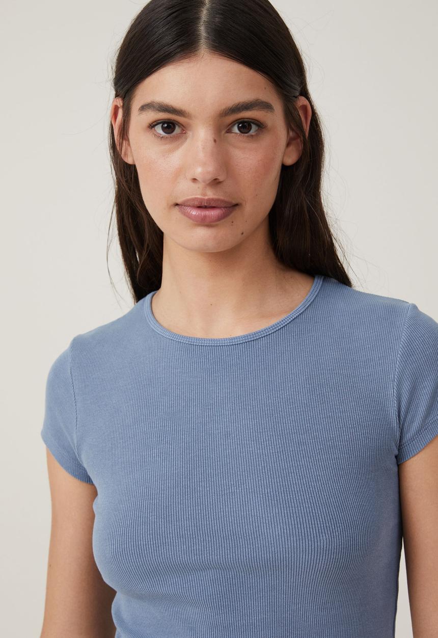 Cotton On - The One Organic Rib Crew Short Sleeve Tee-Washed Elemental Blue
