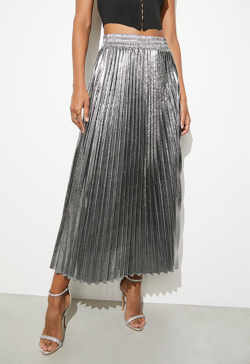 VELVET - Metallic modaxi pleated skirt - silver
