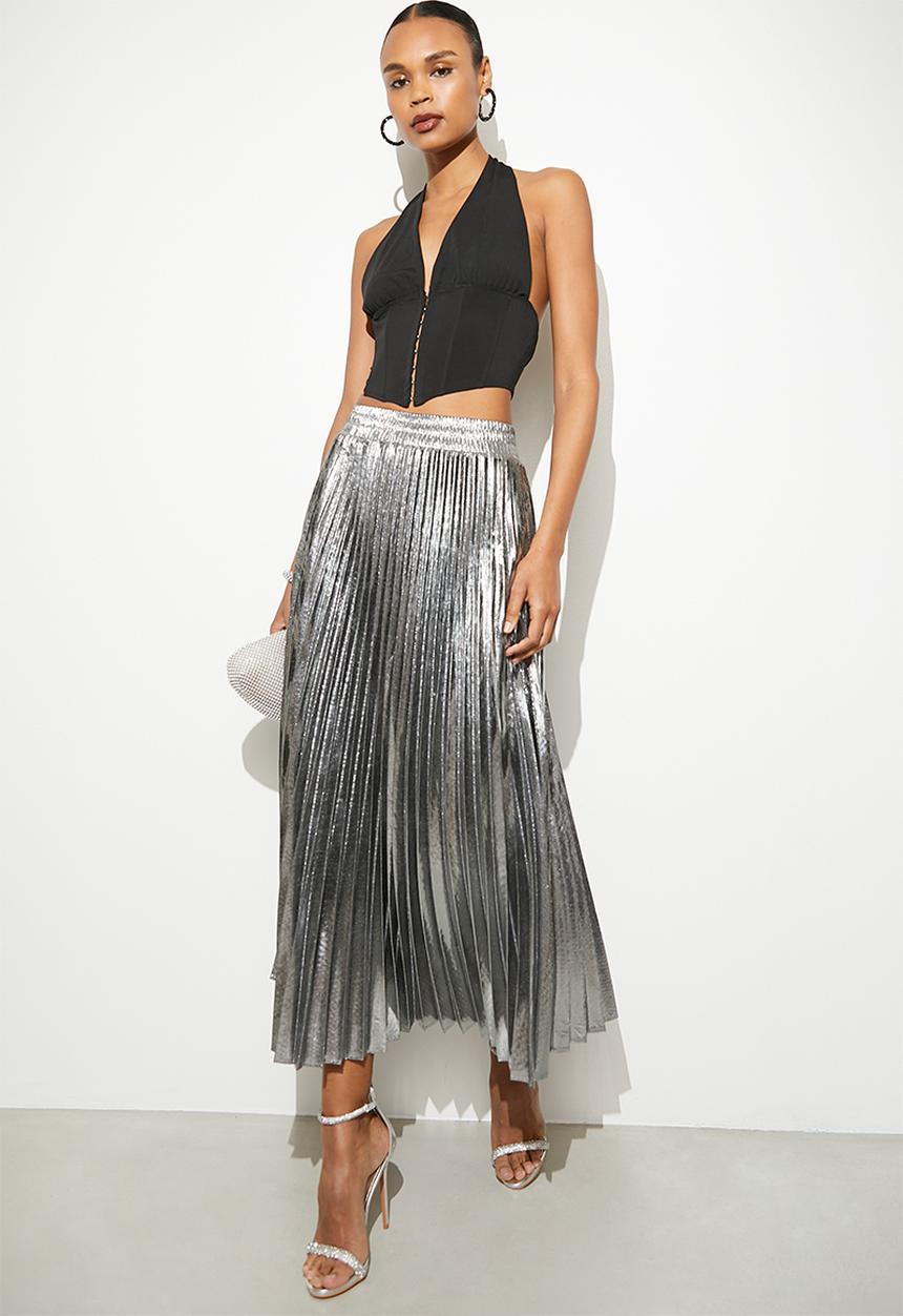 VELVET - Metallic modaxi pleated skirt - silver
