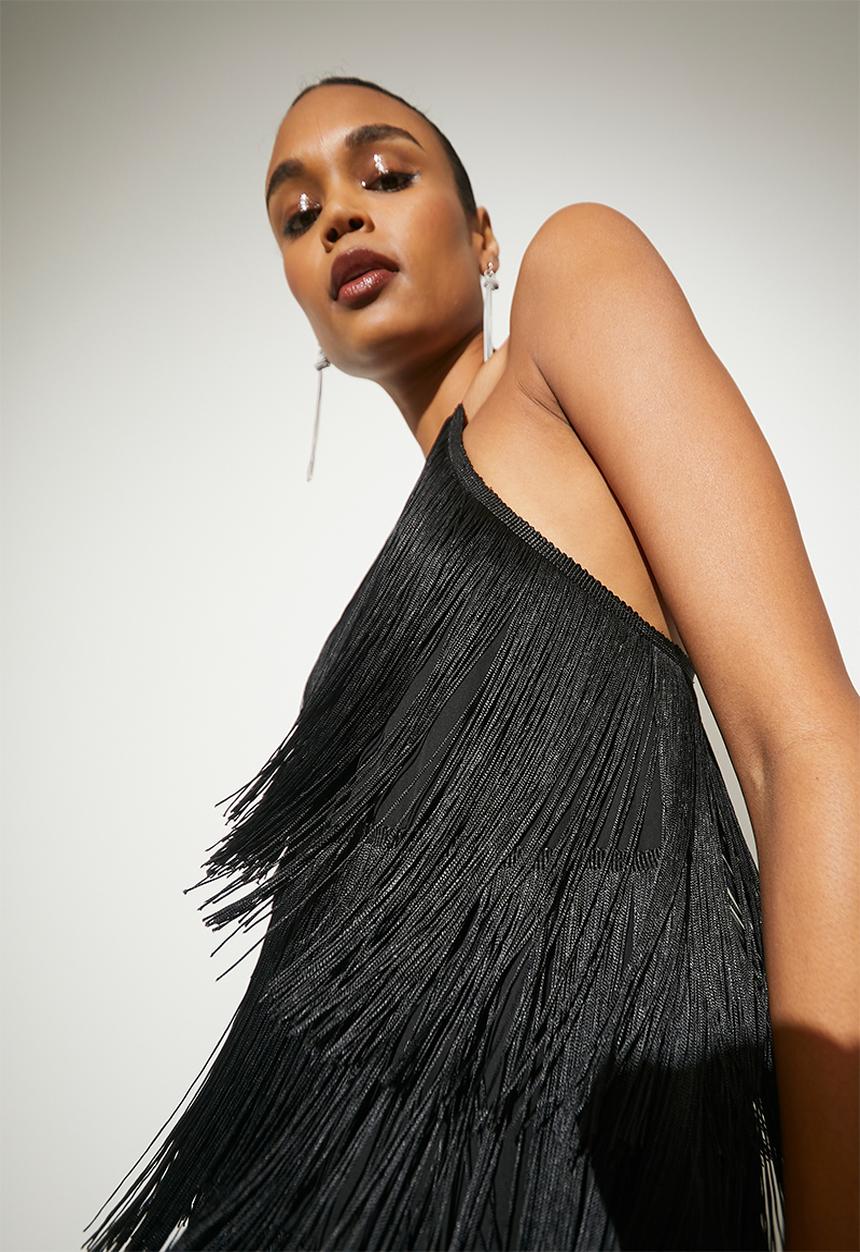 VELVET - Fringe mini shift dress - black