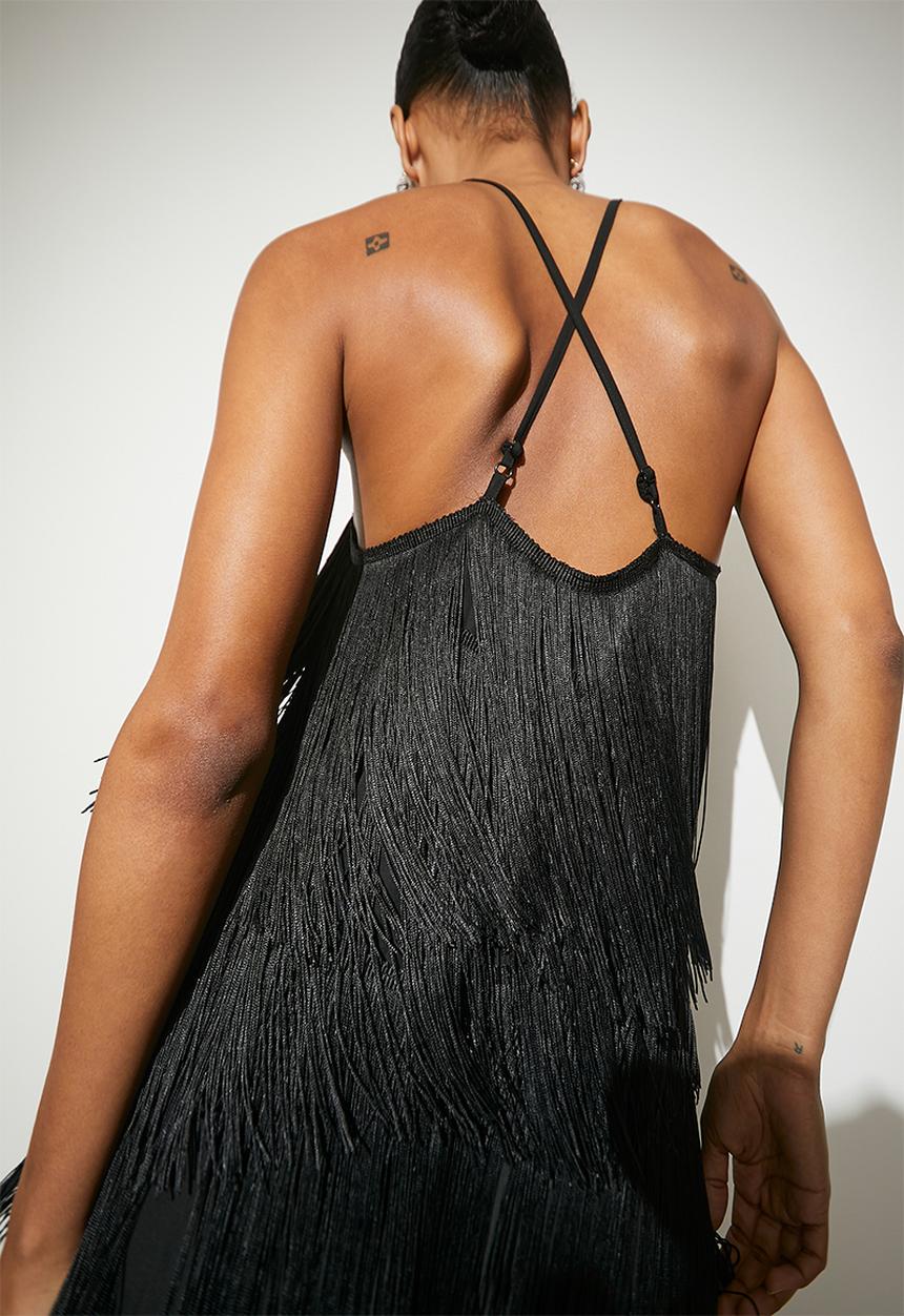 VELVET - Fringe mini shift dress - black