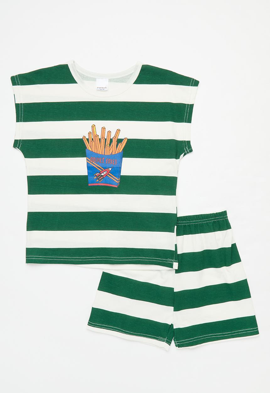 Pop Candy - Striped tee & short set - green & white