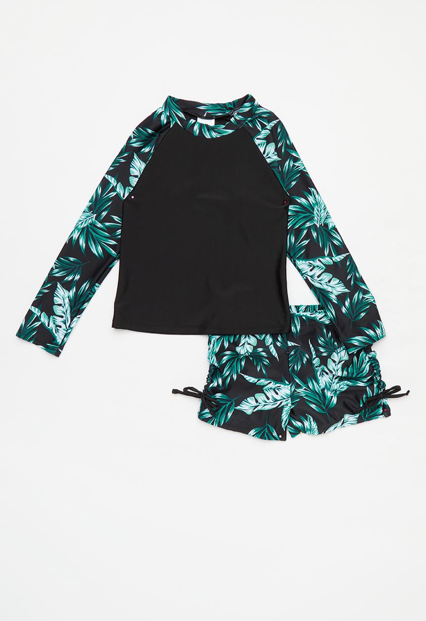Pop Candy - 2 Piece long sleeve swim set - green & black 