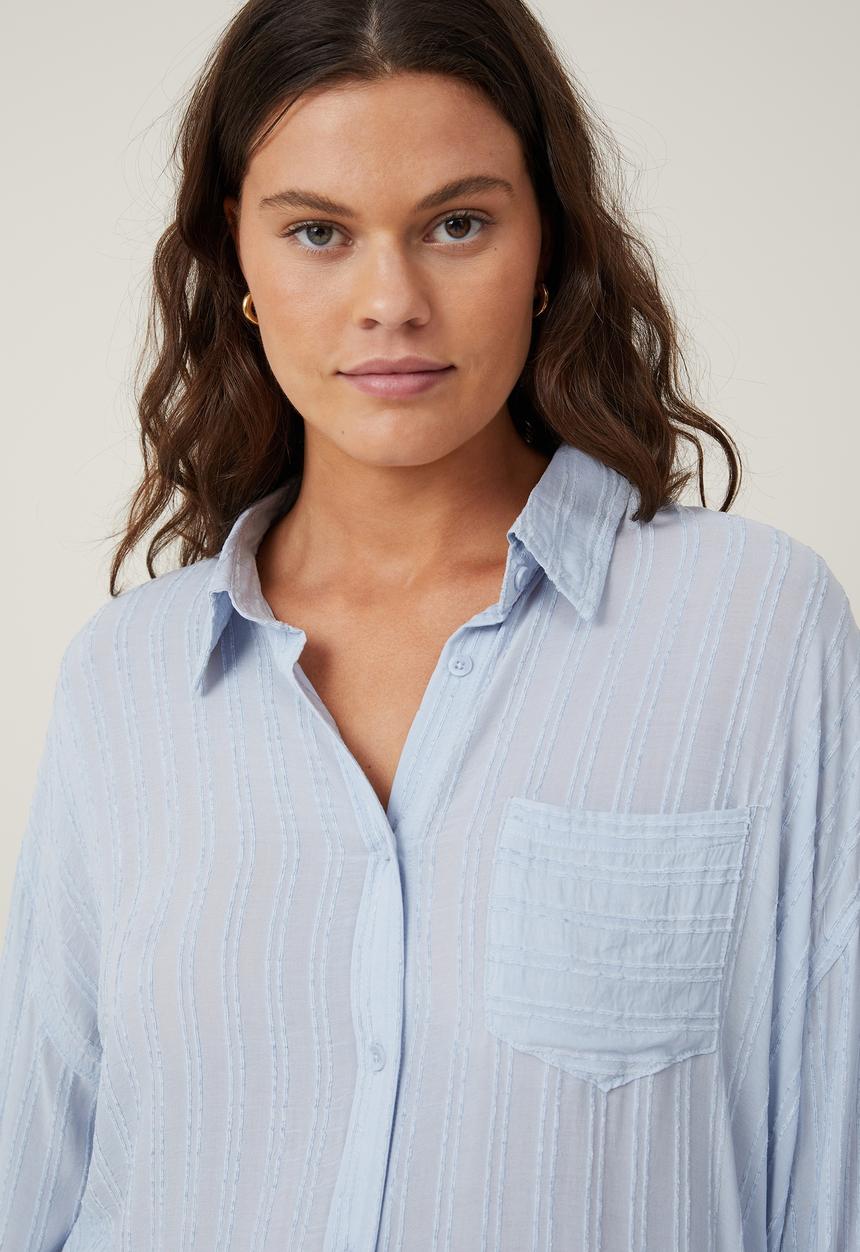 Cotton On - Dad Shirt - Texture-Self Stripe Coastal Blue