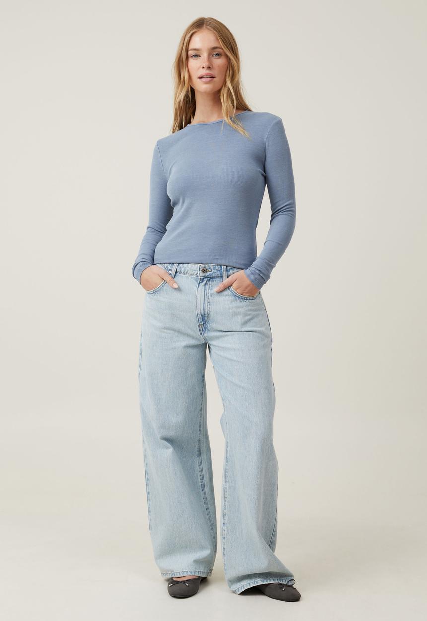 Cotton On - The One Organic Rib Crew Long Sleeve Top - Washed Elemental Blue