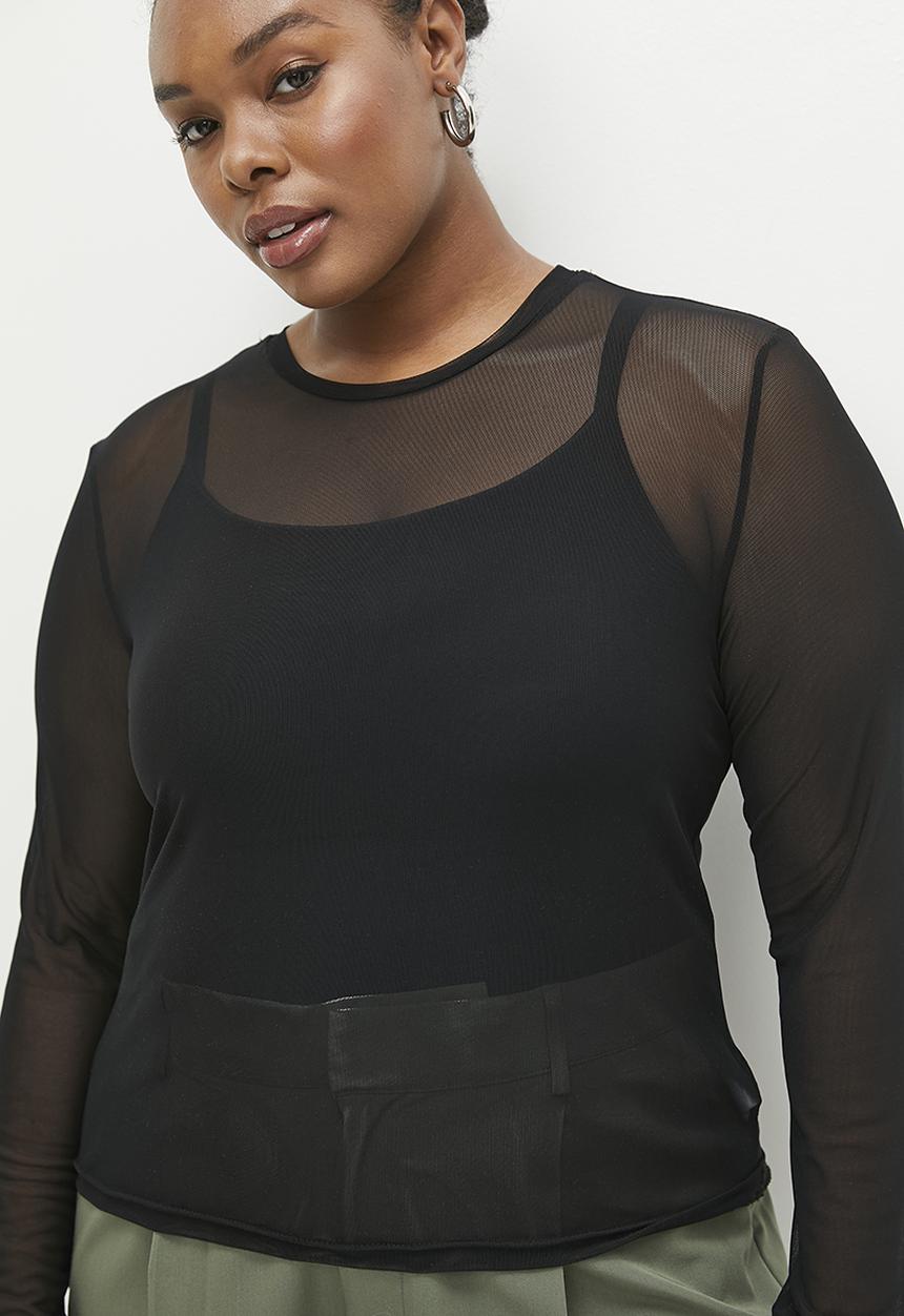 Me&B - Plus Mesh long sleeve basic with Sequin Square - Black