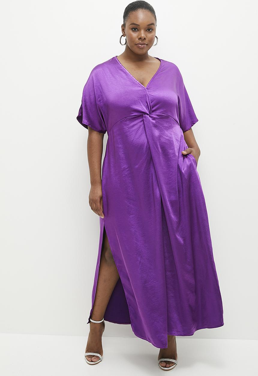 Me&B - Plus Knot Detail Kaftan Dress in Satin - Purple