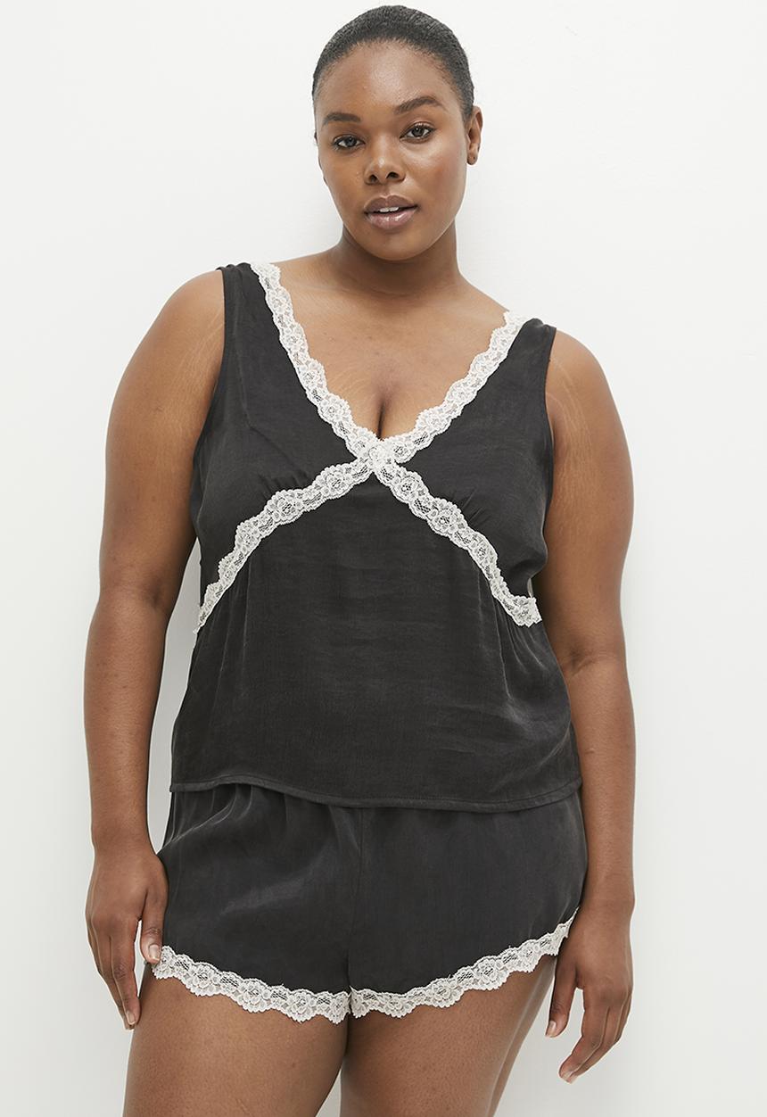 Cotton On - Plus Staycay Lace Trim Cami Set - Black