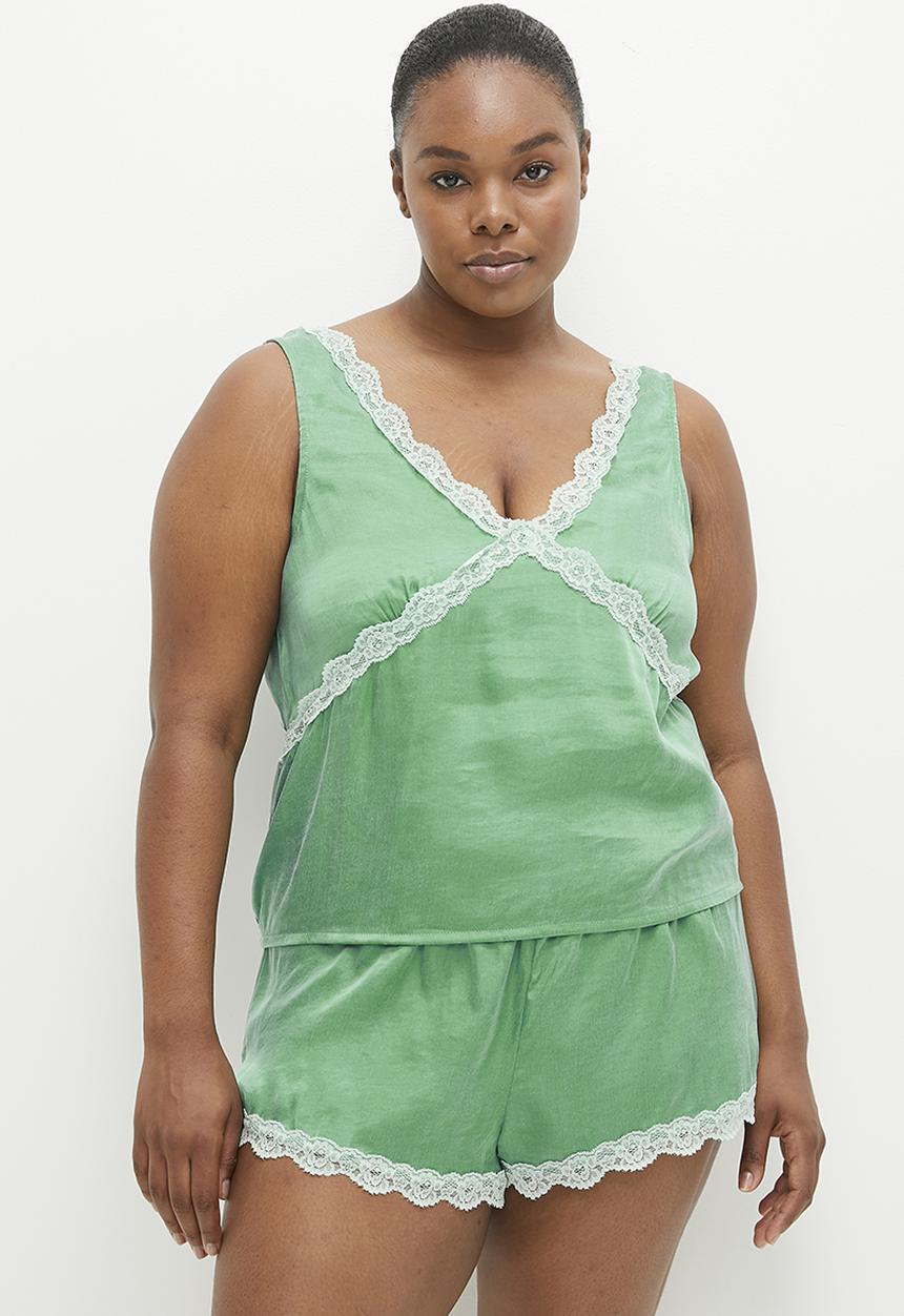 Cotton On - Plus Staycay Lace Trim Cami Set - Misty Jade
