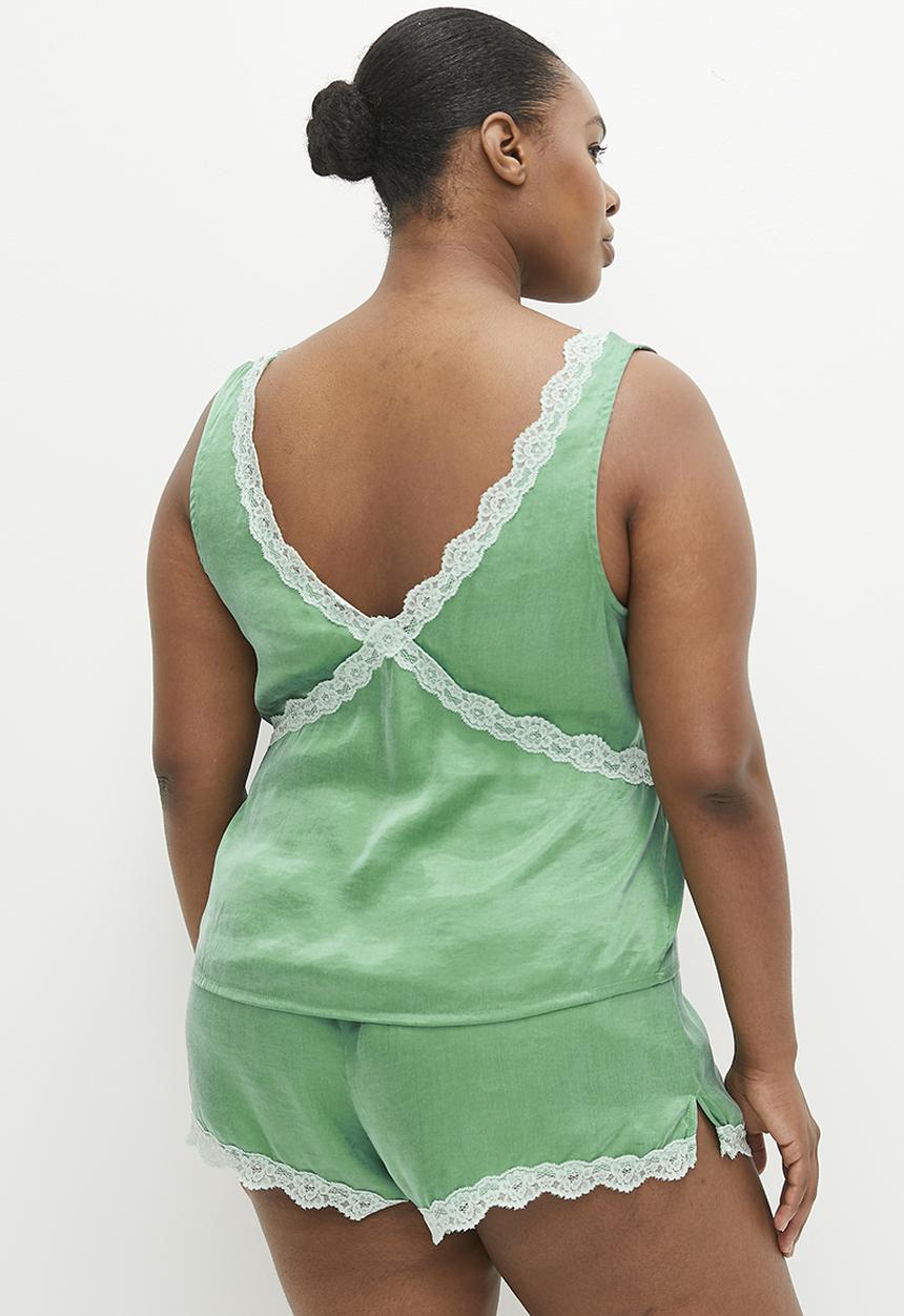 Cotton On - Plus Staycay Lace Trim Cami Set - Misty Jade