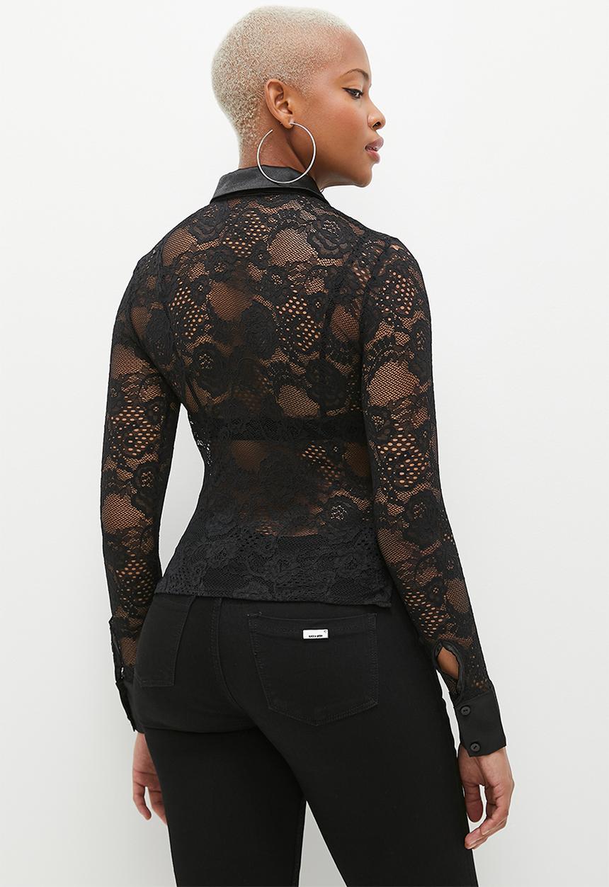 SISSY BOY - Sweet Melody: Long sleeve Lace Top With Collar - Black
