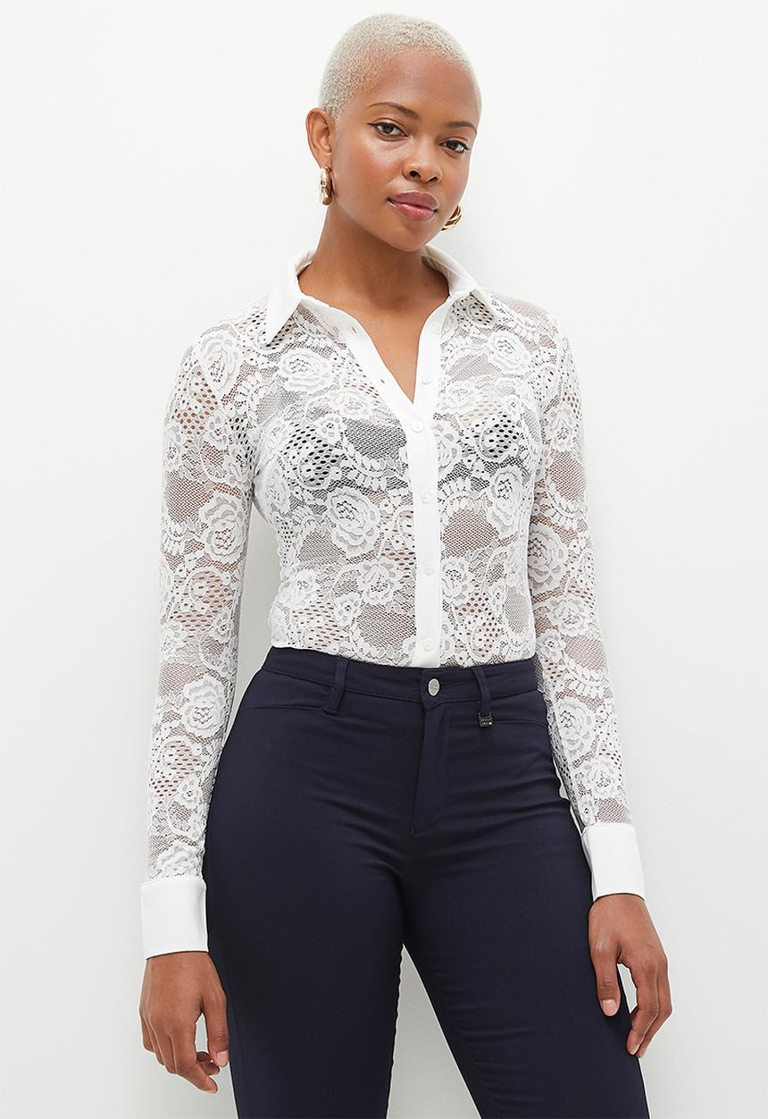 SISSY BOY - Sweet Melody: Long sleeve Lace Top With Collar - White
