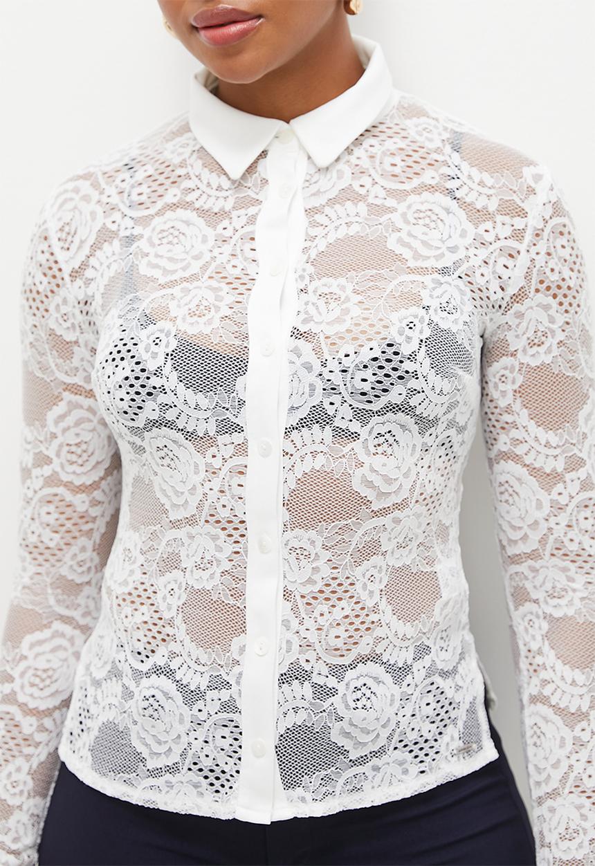 SISSY BOY - Sweet Melody: Long sleeve Lace Top With Collar - White