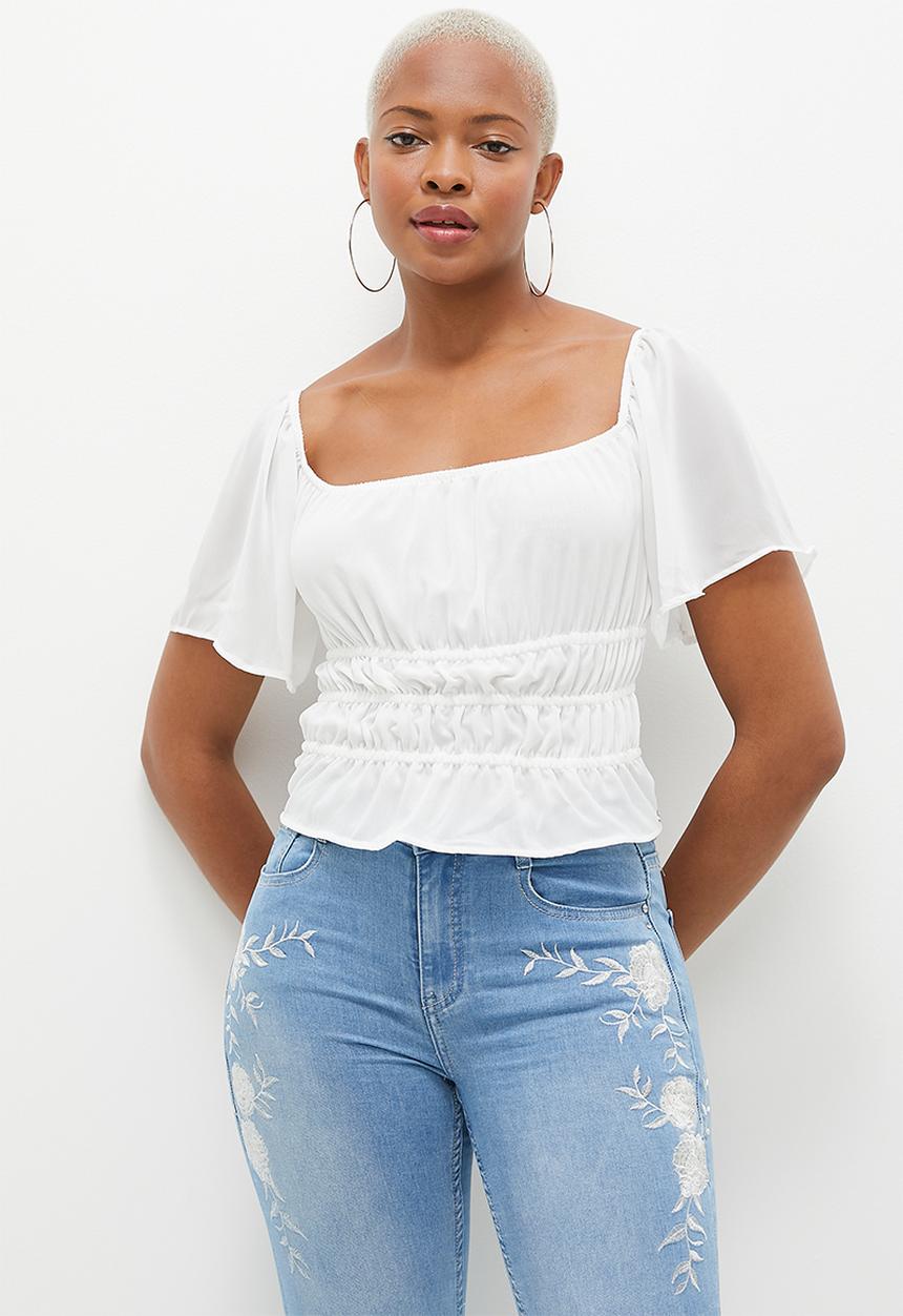 SISSY BOY - All Tied Up: Cropped Top With Elasticated Waist And Flared Short Sleeve - Off White