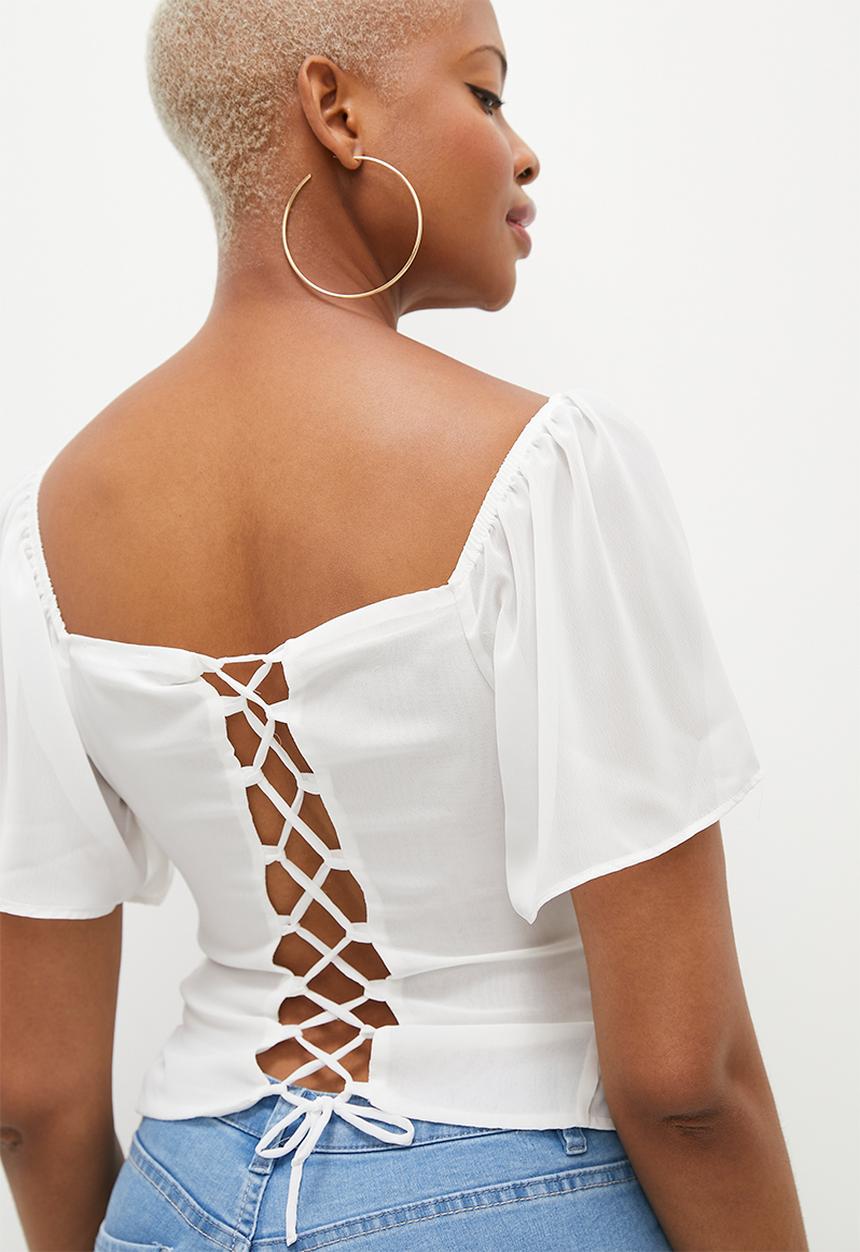 SISSY BOY - All Tied Up: Cropped Top With Elasticated Waist And Flared Short Sleeve - Off White
