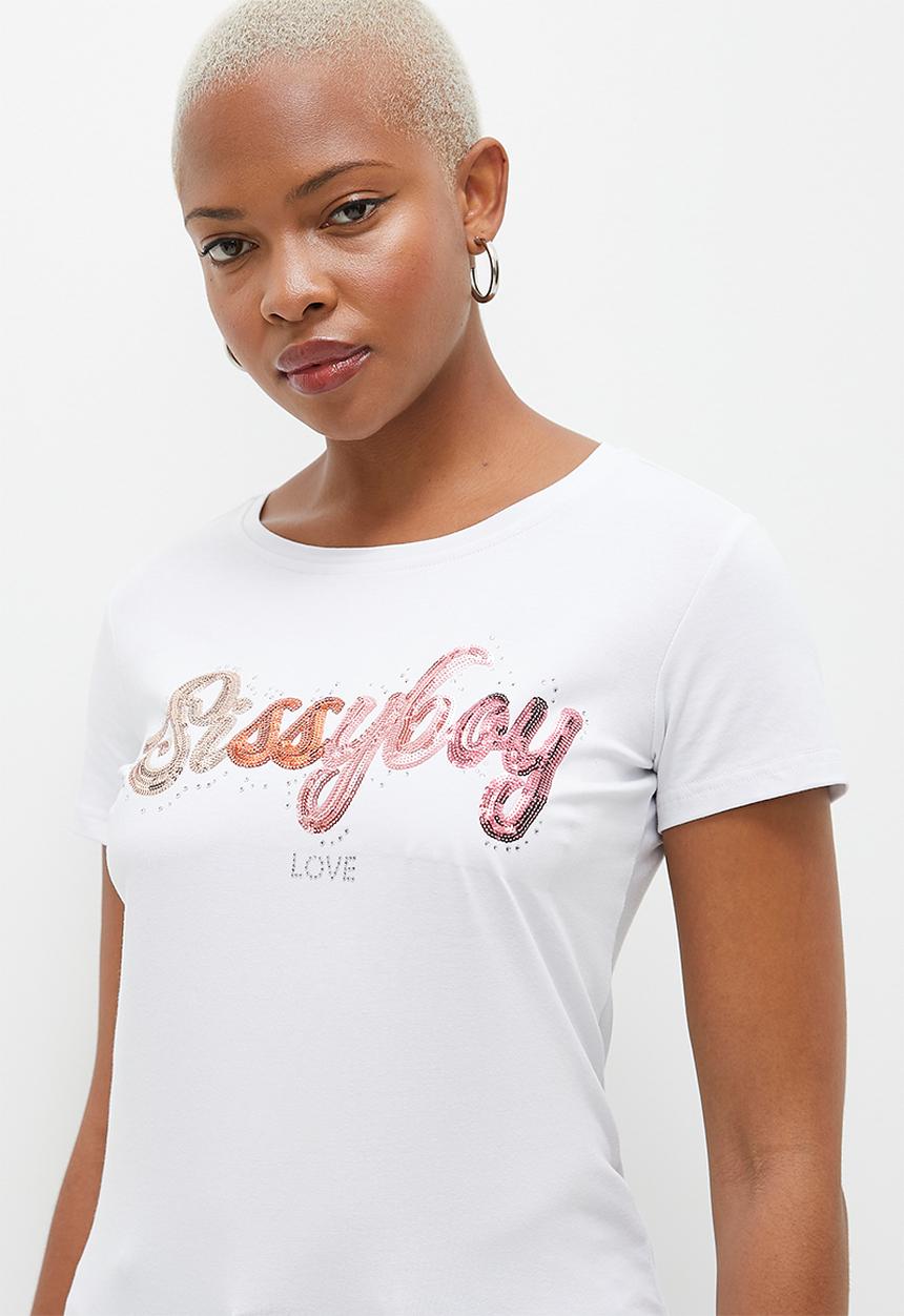 SISSY BOY - Kea: Regular Fit Sequin And Bling Logo Top - White
