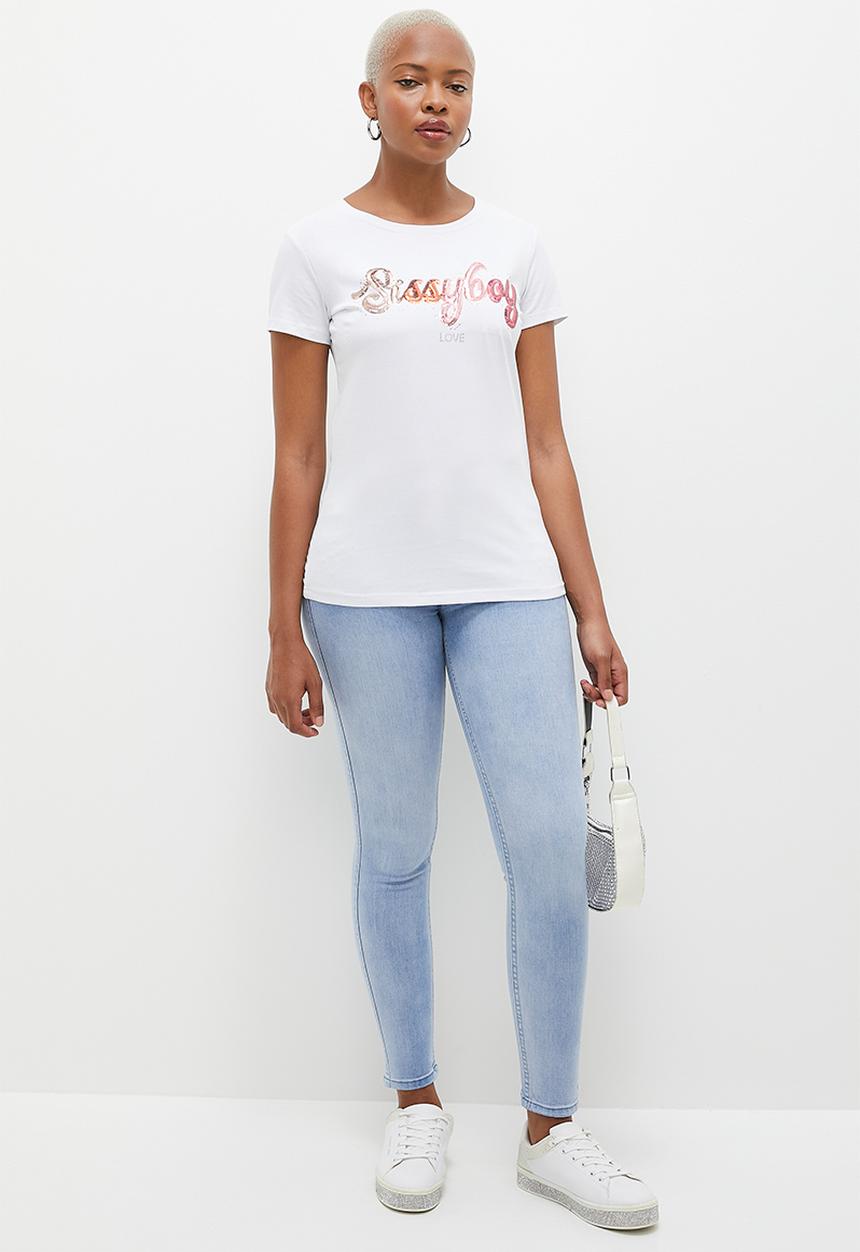SISSY BOY - Kea: Regular Fit Sequin And Bling Logo Top - White