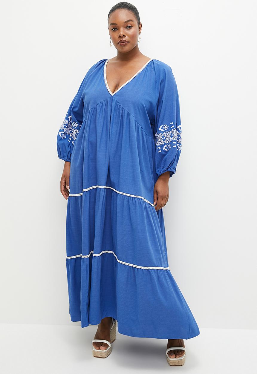 edit - Embroidery detail tiered dress - blue