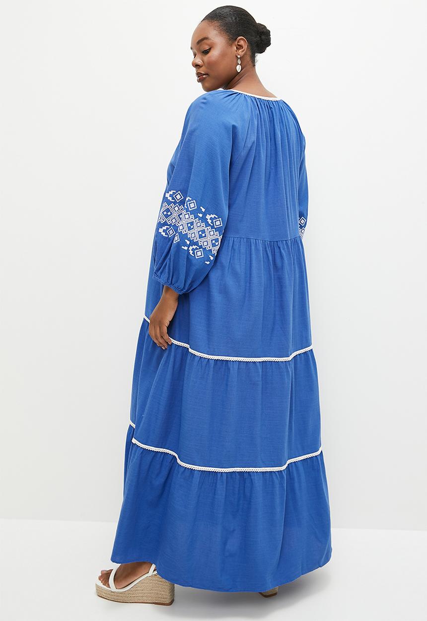 edit - Embroidery detail tiered dress - blue