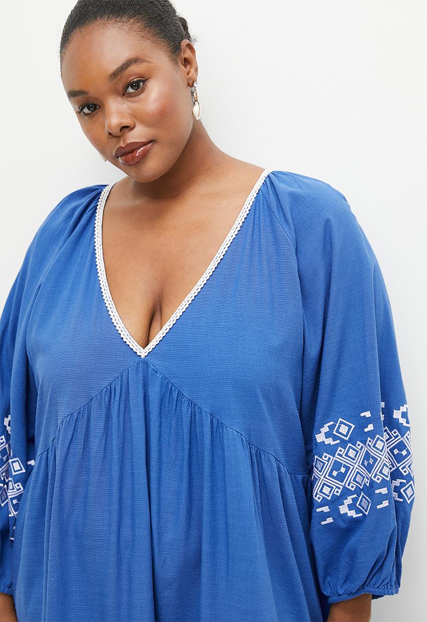 edit - Embroidery detail tiered dress - blue