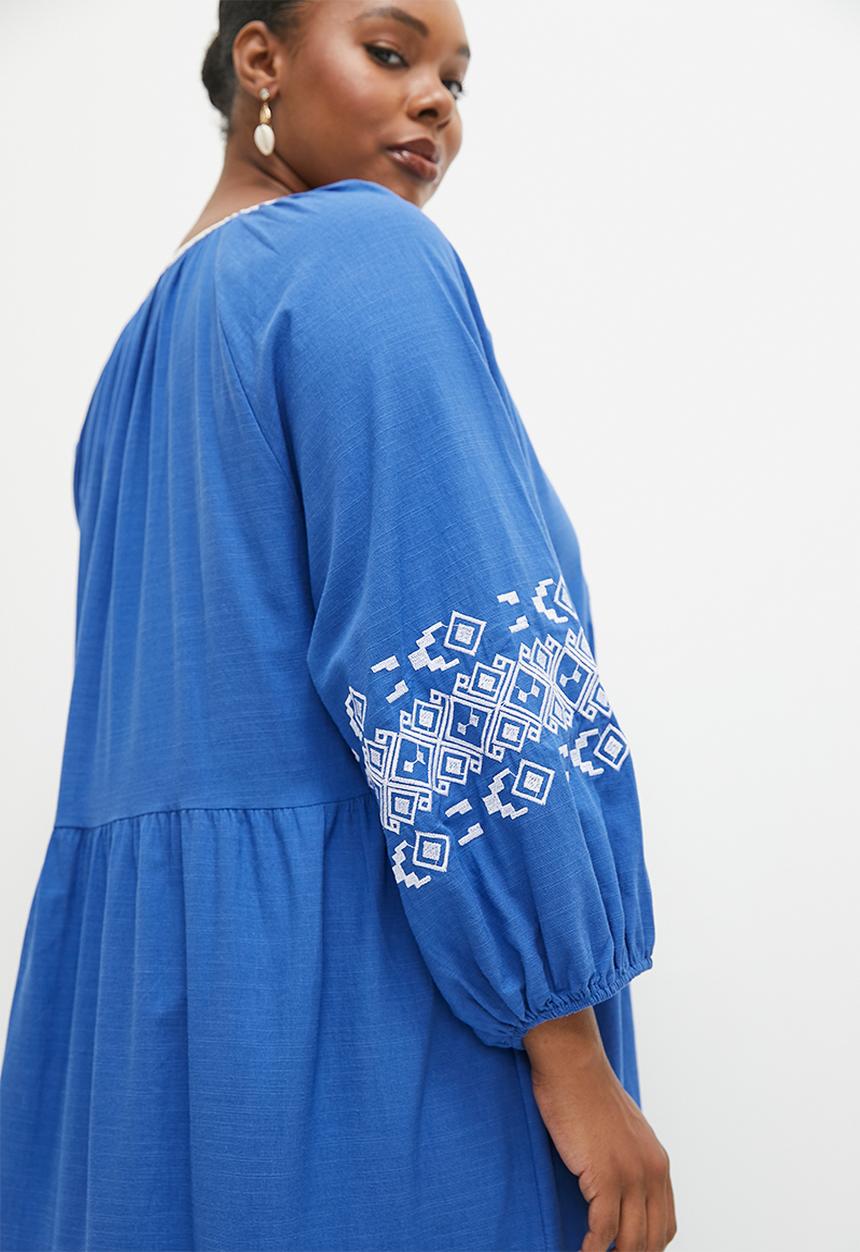 edit - Embroidery detail tiered dress - blue