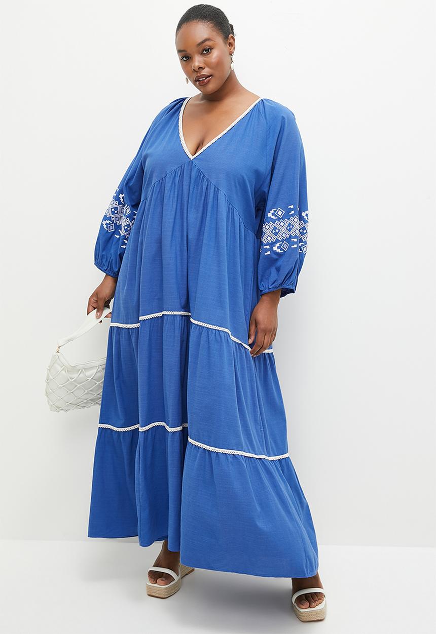 edit - Embroidery detail tiered dress - blue