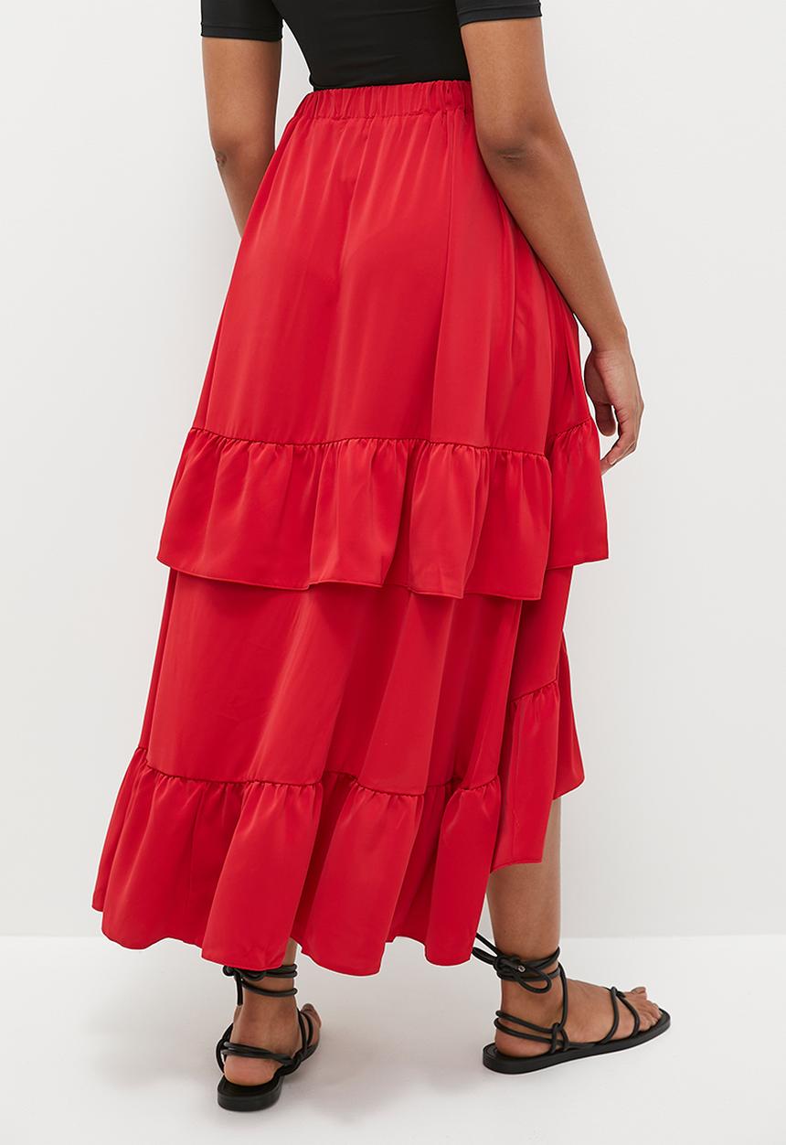 MILLA - Ruffle midi skirt - red