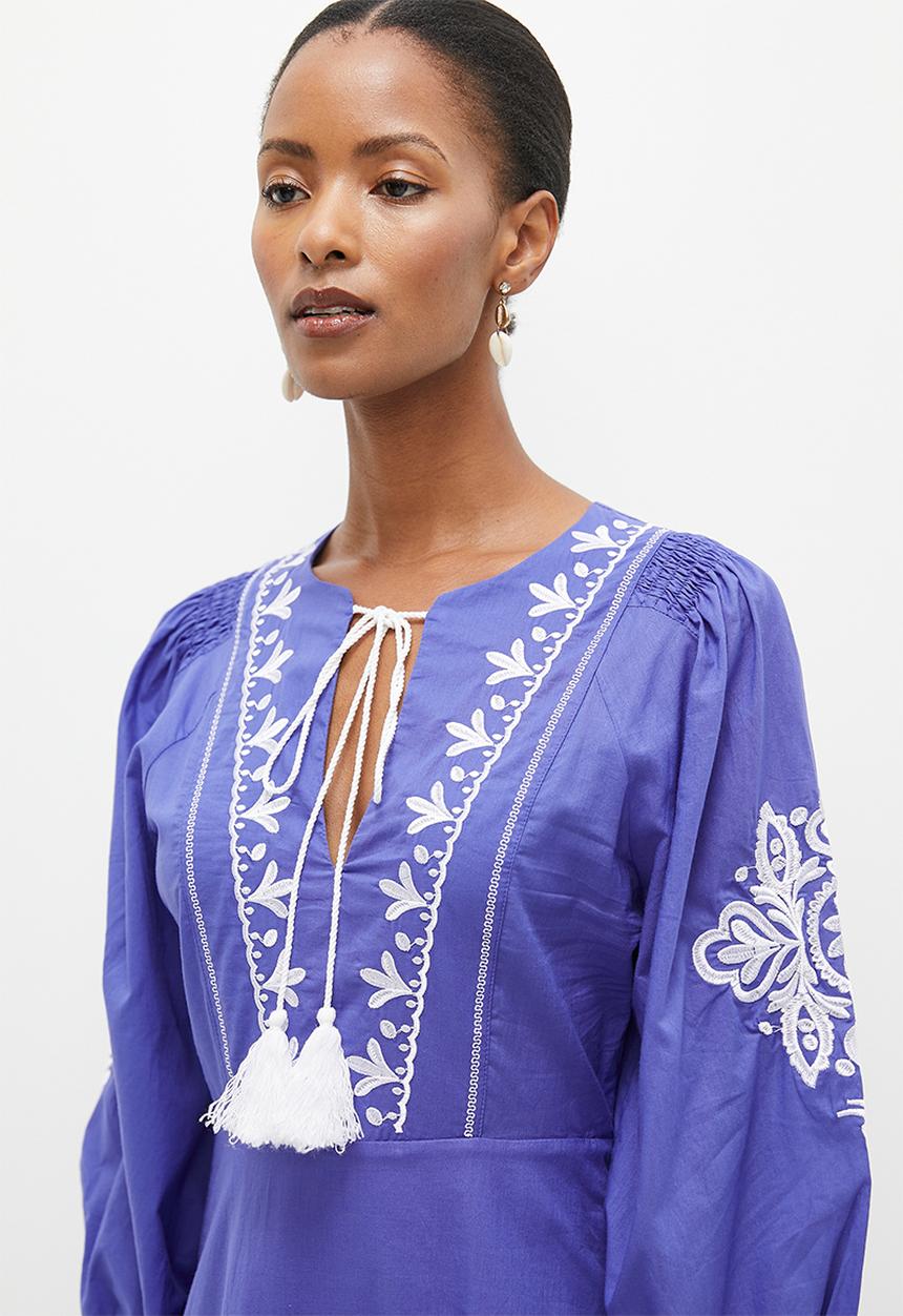 Boho embroidery midi dress - blue & white