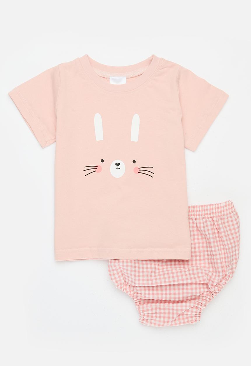 Pop Candy - Printed tee and plaid bloomer set - pink 