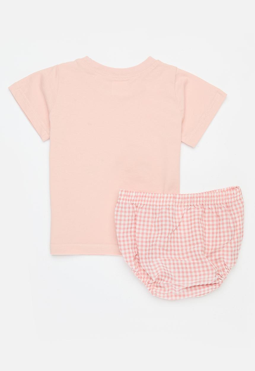Pop Candy - Printed tee and plaid bloomer set - pink 