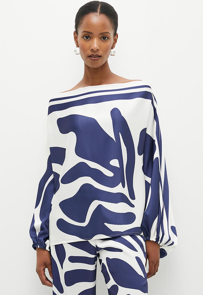 edit - Off the shoulder balloon sleeve blouse - blue & white 