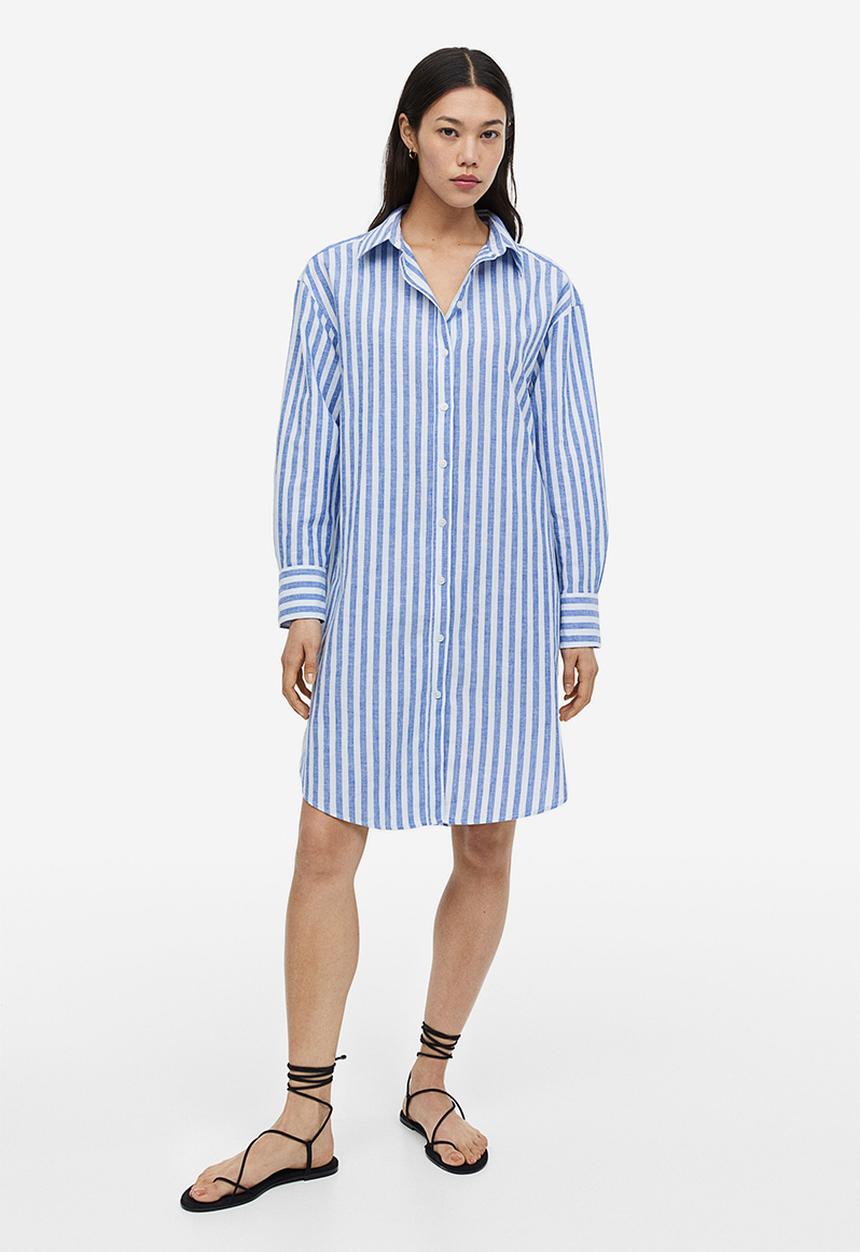 H&M - Linen-blend shirt dress - blue,multi