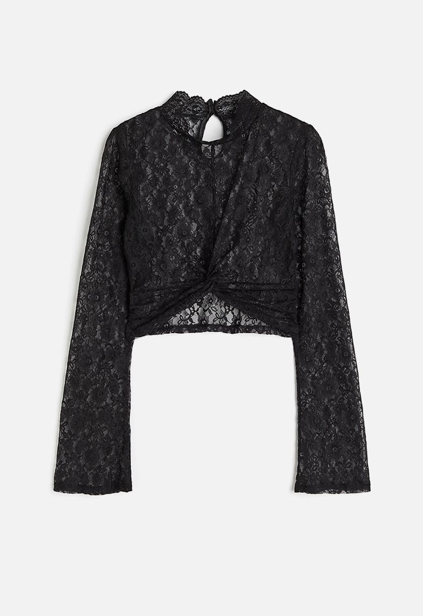 H&M - Long-sleeved lace top - black