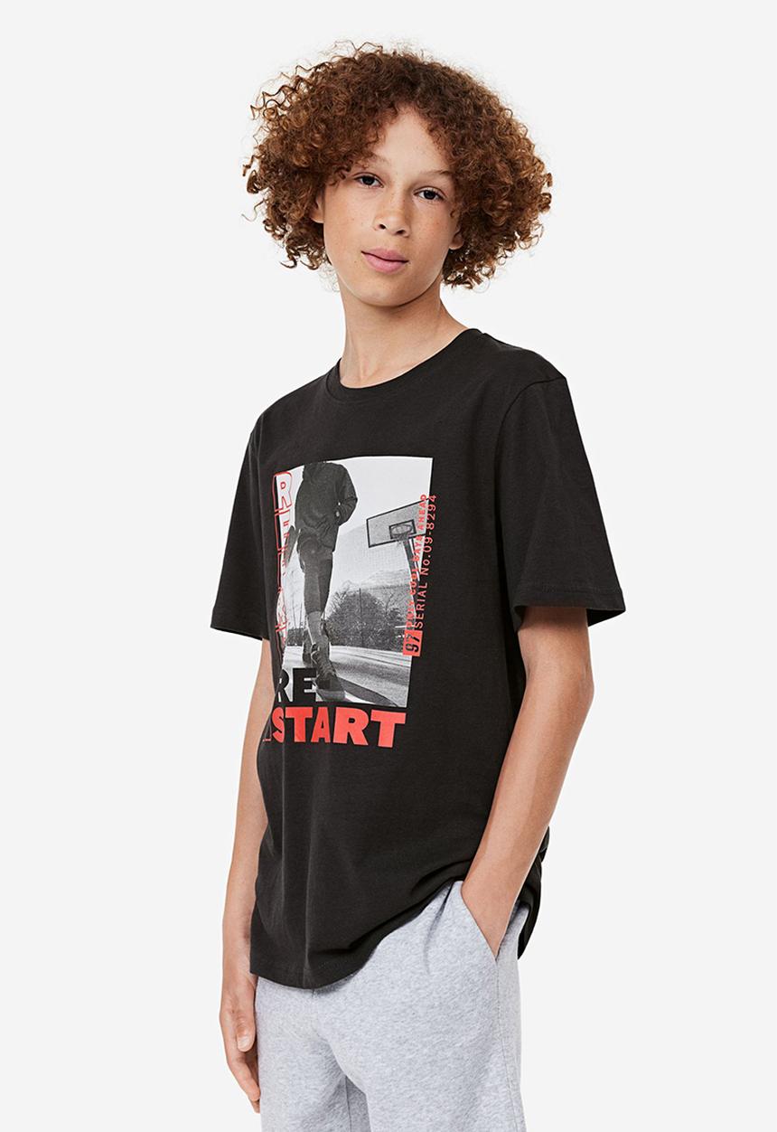 H&M - Printed jersey T-shirt - black refresh restart