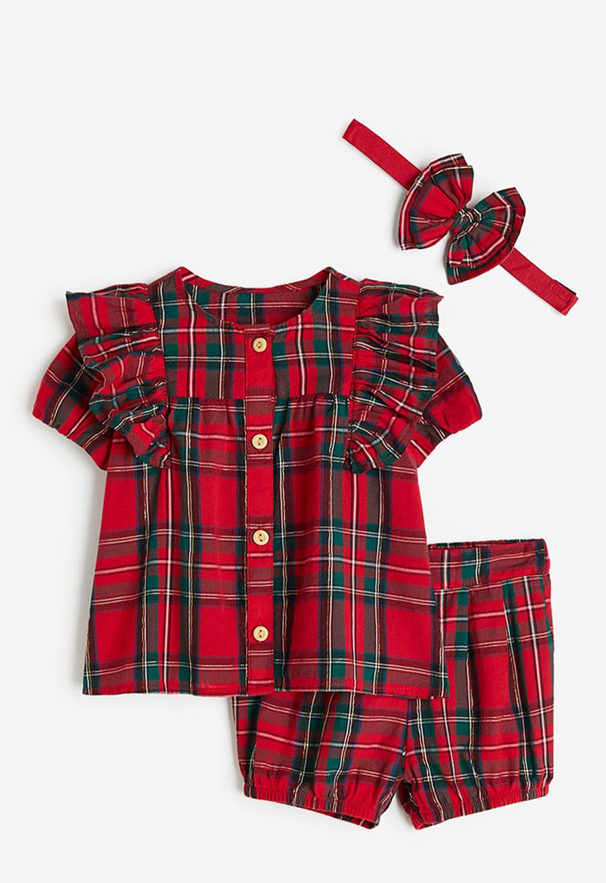 H&M - 3-Piece flounce-trimmed set - red checked 