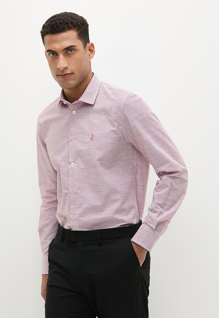 POLO - Mens textured slub long sleeve shirt pink
