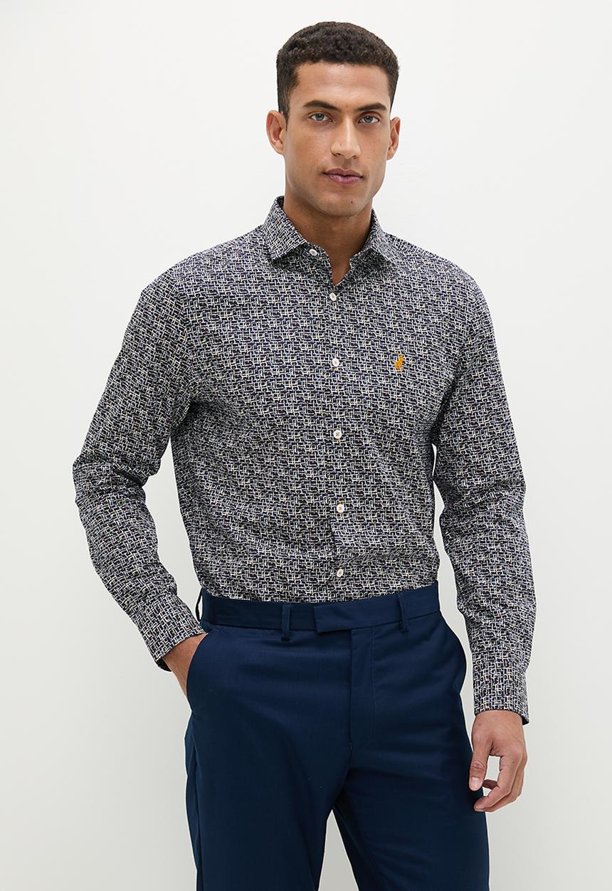 POLO - Mens geometric printed long sleeve shirt - blue
