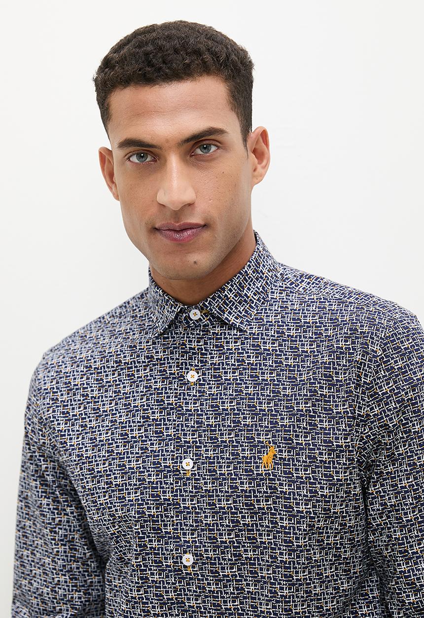 POLO - Mens geometric printed long sleeve shirt - blue