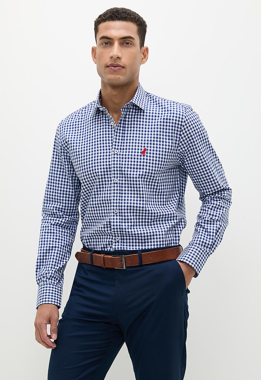 POLO - Mens gingham long sleeve shirt - blue