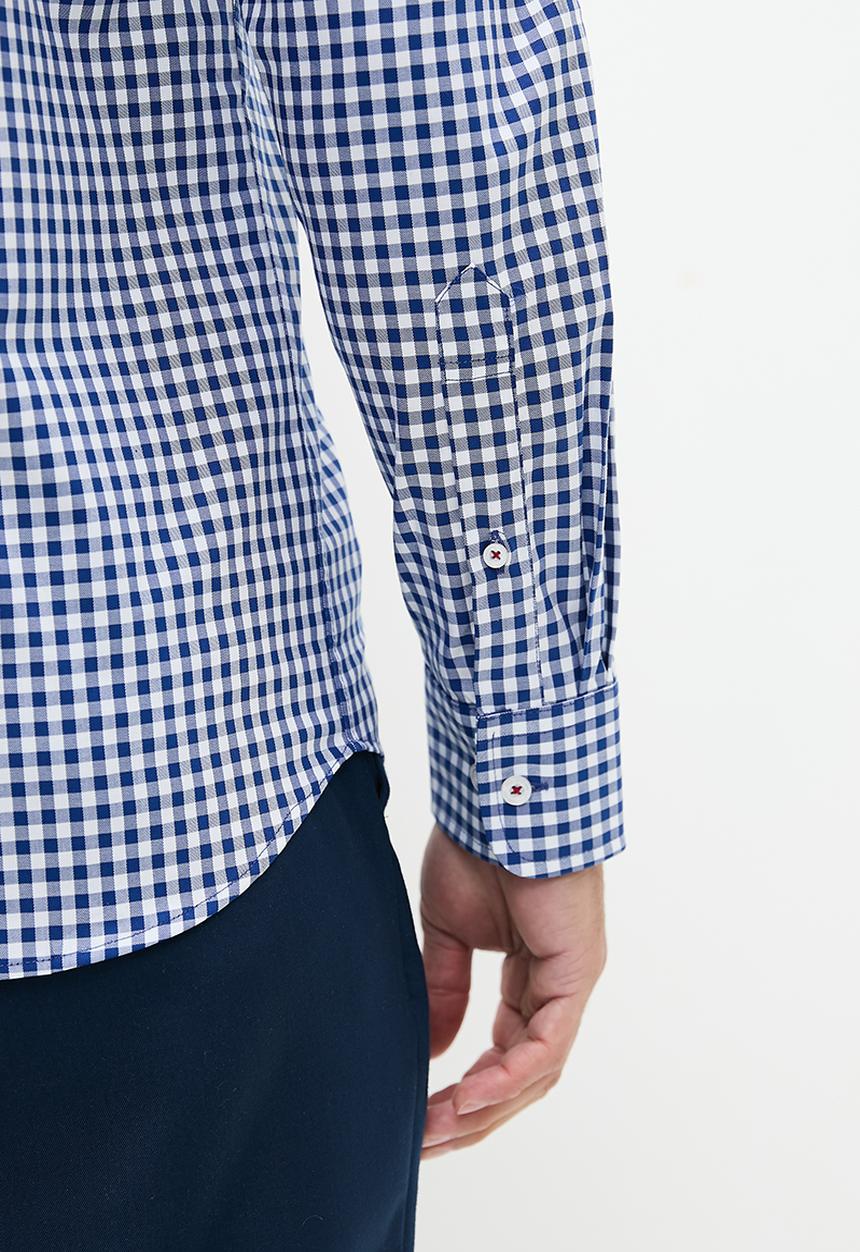 POLO - Mens gingham long sleeve shirt - blue