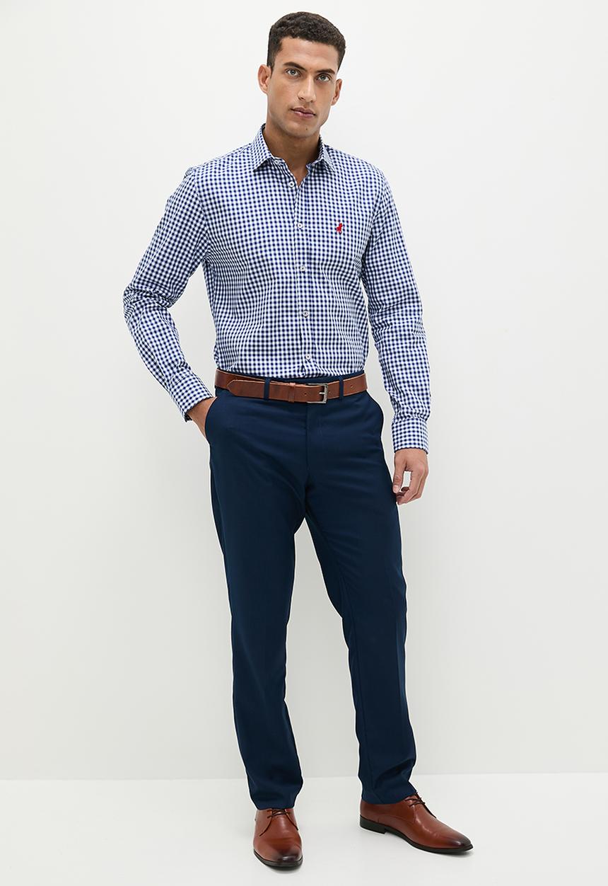 POLO - Mens gingham long sleeve shirt - blue