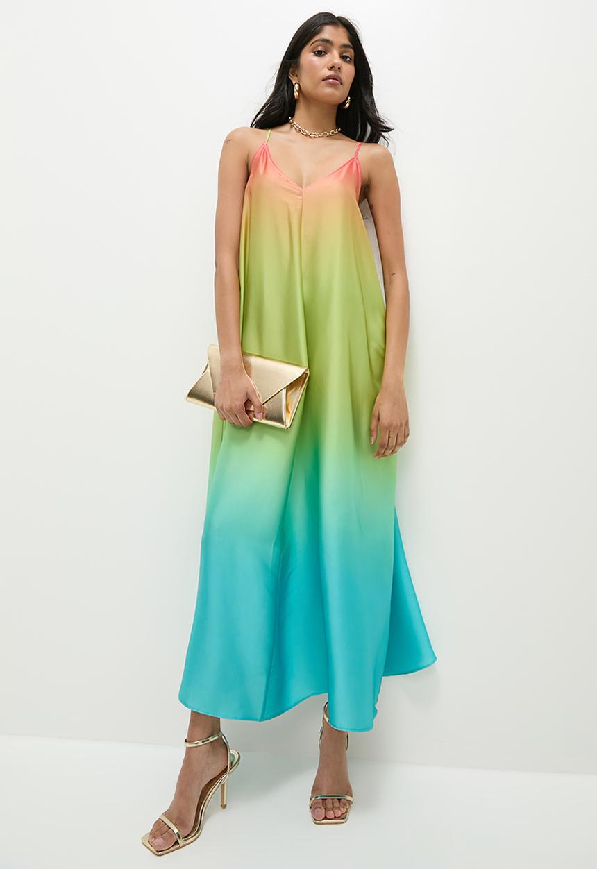 Superbalist - Ombre satin dress - green & coral ombre