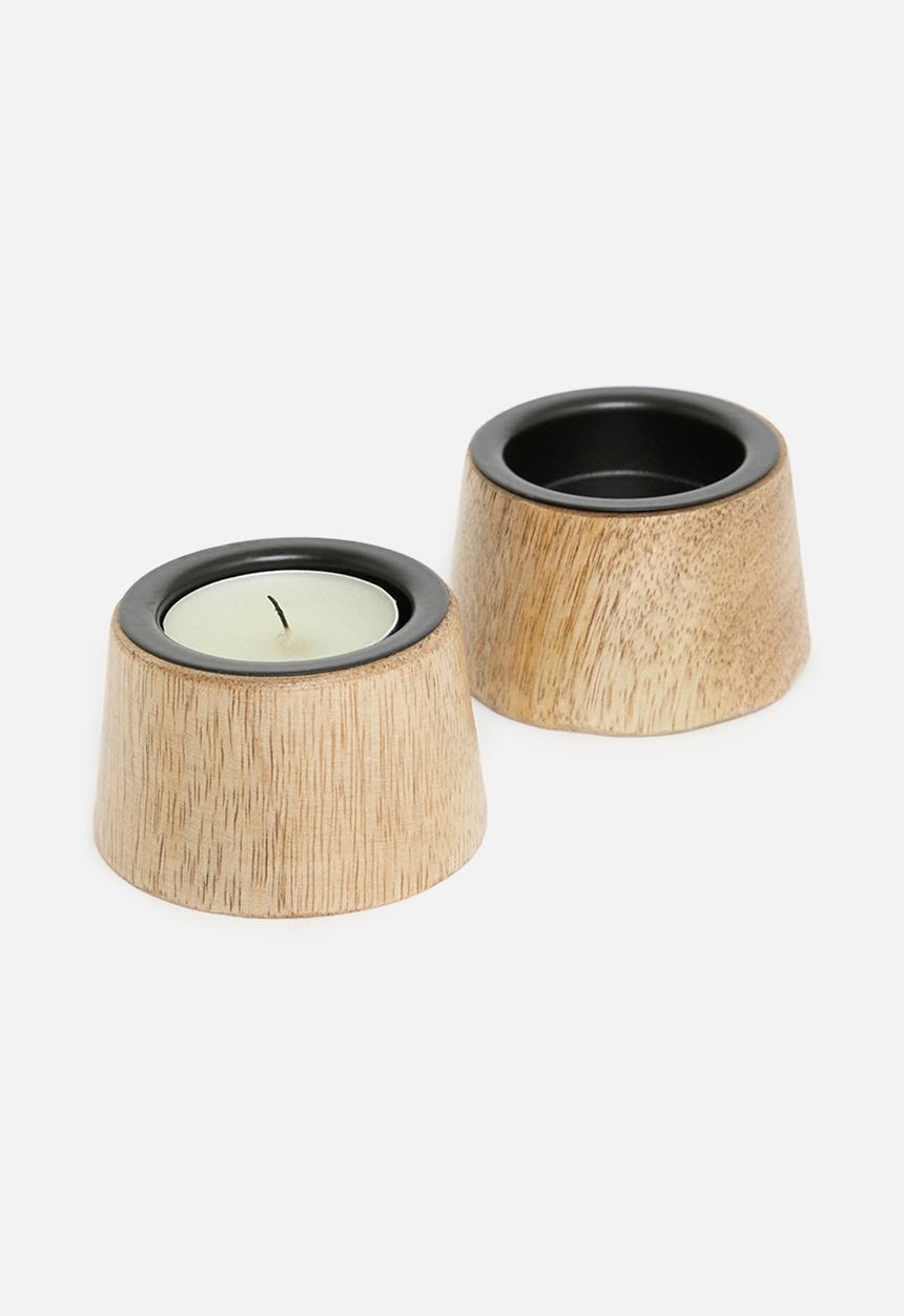 H&S - Mango wood tealight candle holder set of 2 - natural