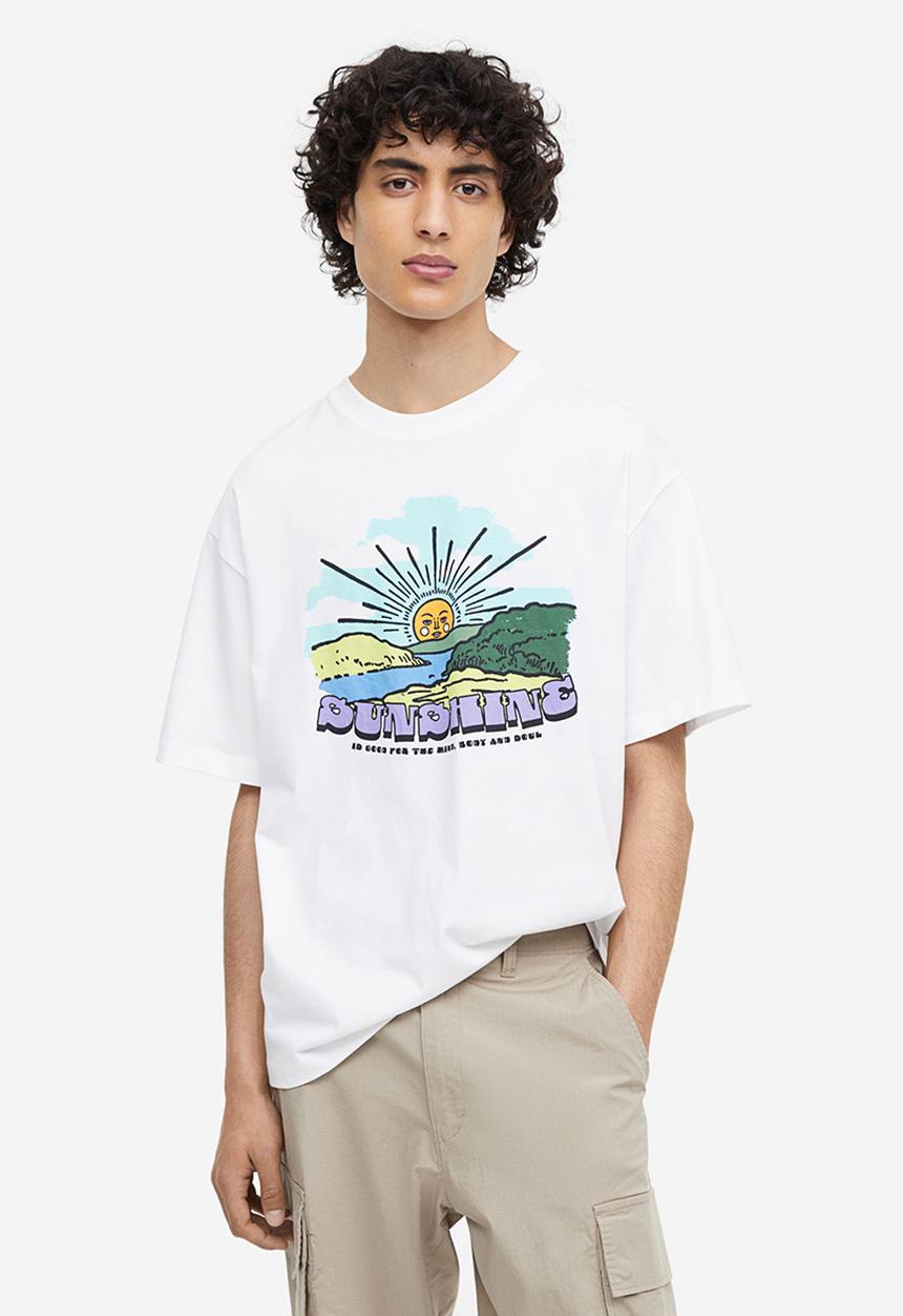 H&M - Loose fit printed t-shirt - white/sunshine