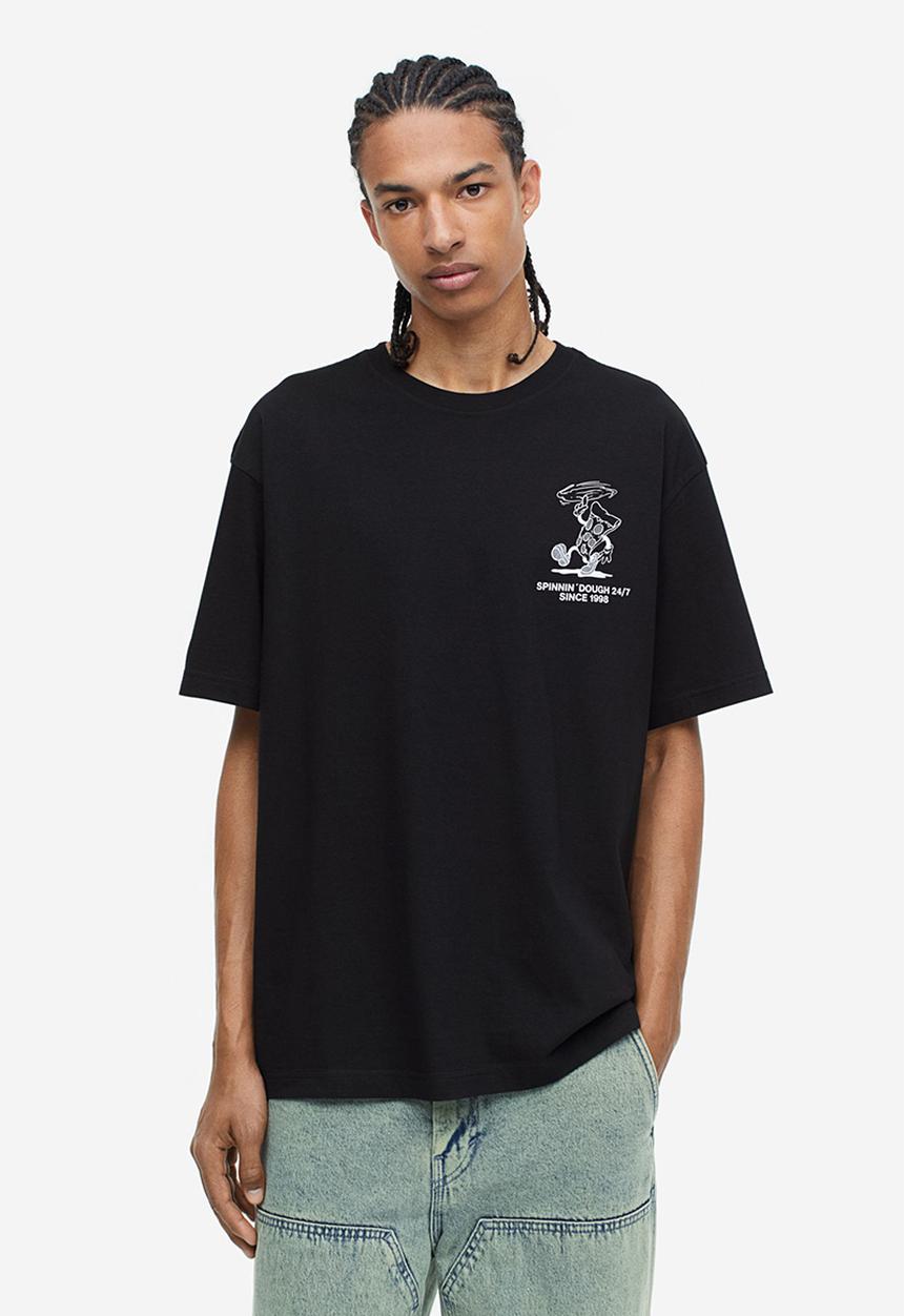 H&M - Relaxed fit printed t-shirt - black/pizza slice