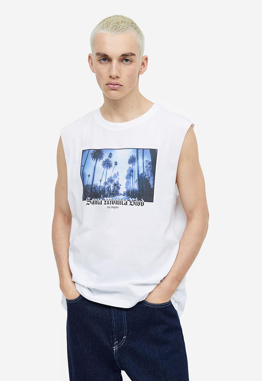 H&M - Relaxed fit cotton sleeveless top - white/santa monica