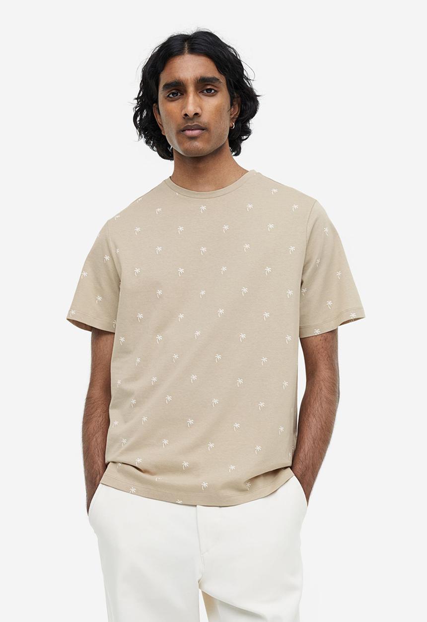 H&M - Regular fit cotton t-shirt - beige/palm trees